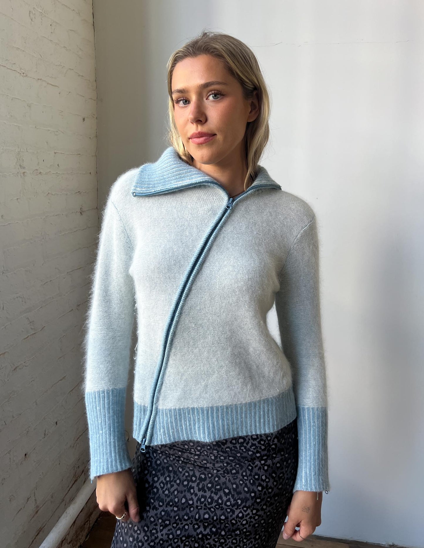 Vintage Baby Blue Angora Asymmetric Zip Up Sweater