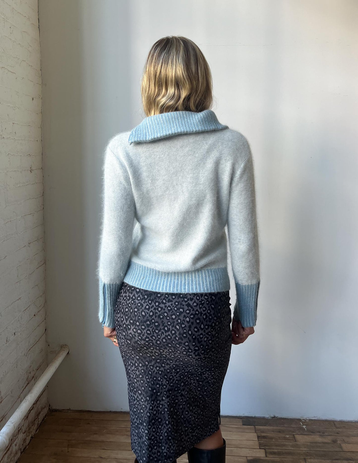 Vintage Baby Blue Angora Asymmetric Zip Up Sweater