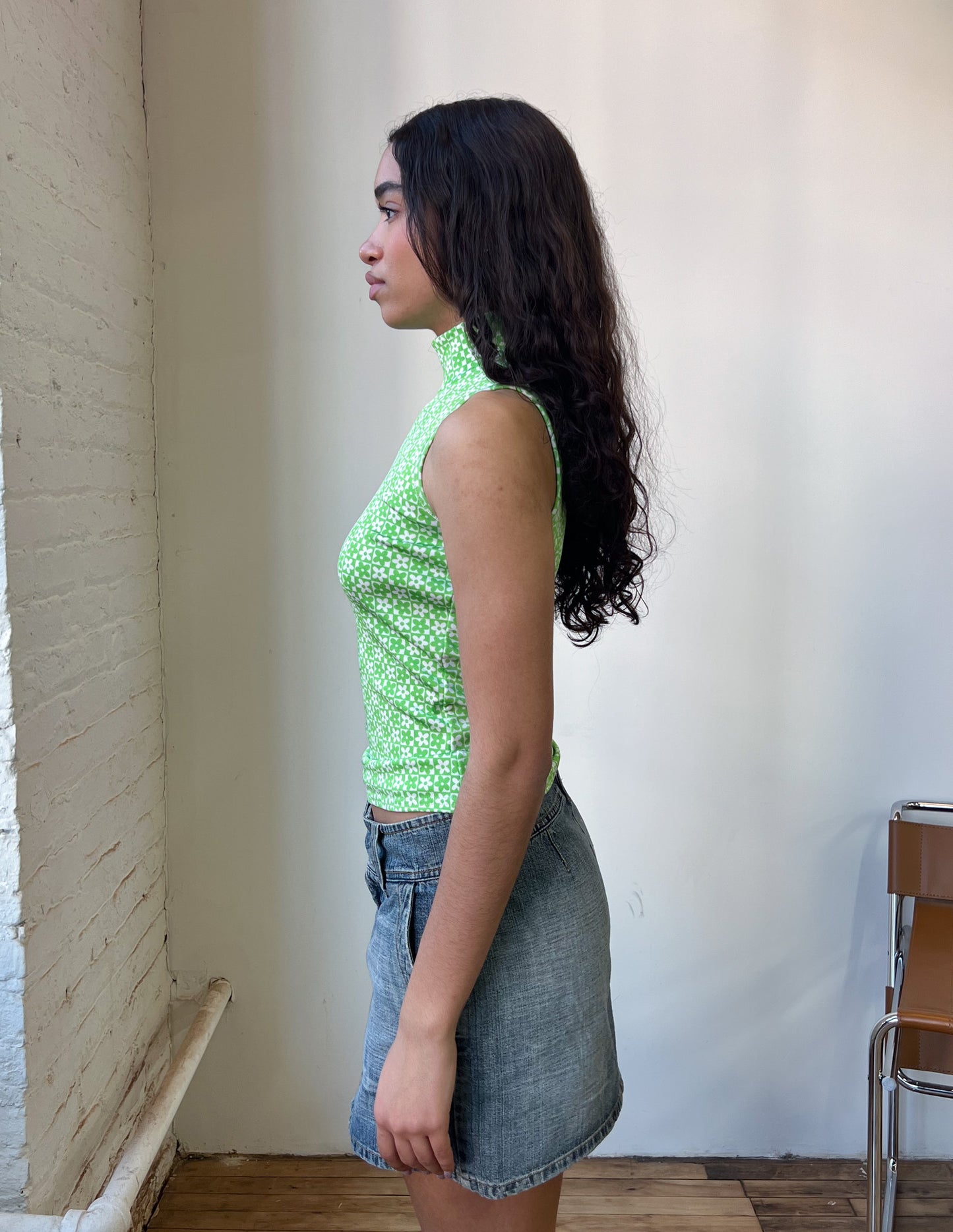 Vtg Green Floral Print Mock Neck Tank