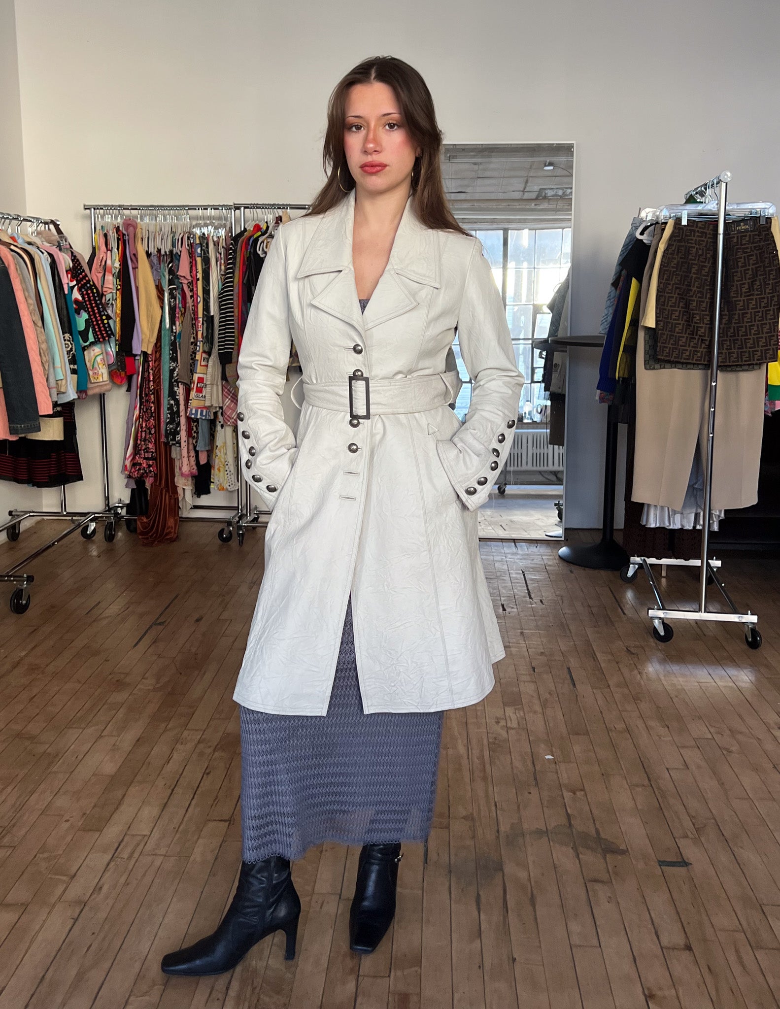 White hotsell leather trench