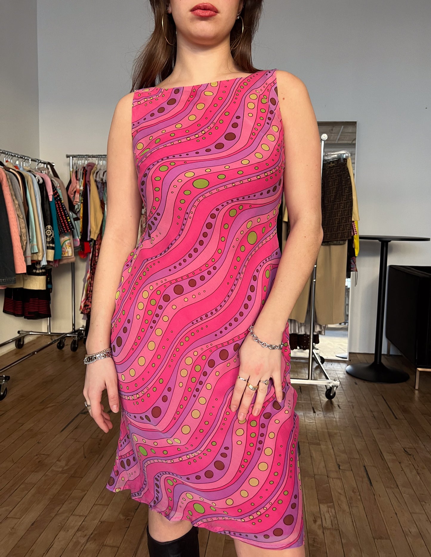 Pink Multi Color 100% Silk Disco Dress