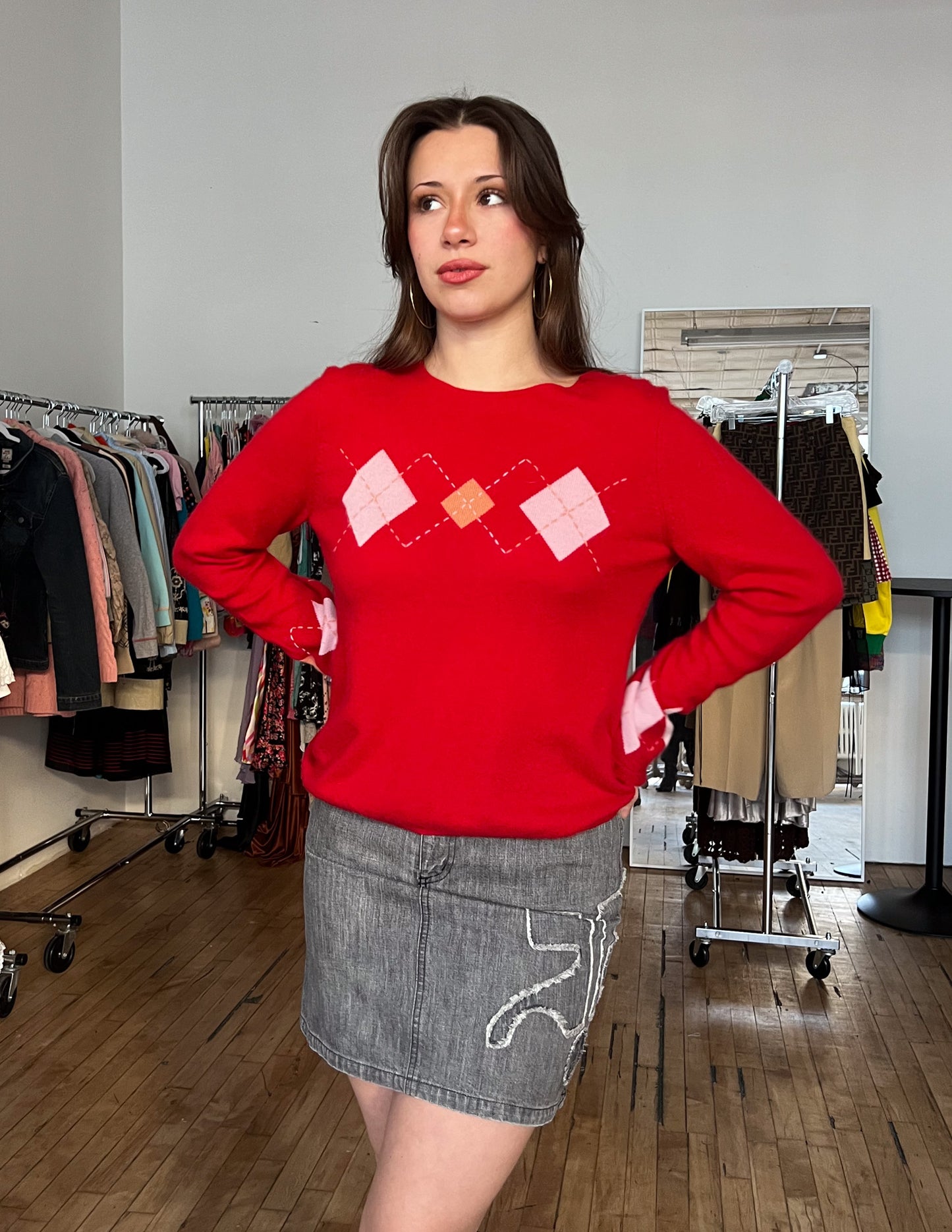 Vtg 100% Cashmere Red & Pink Argyle Sweater
