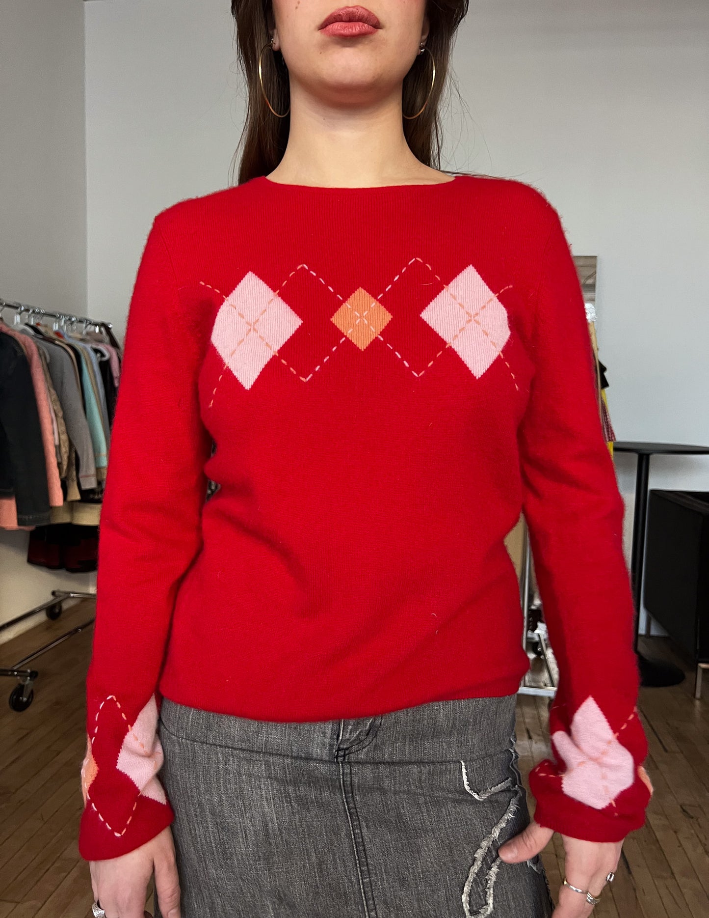 Vtg 100% Cashmere Red & Pink Argyle Sweater
