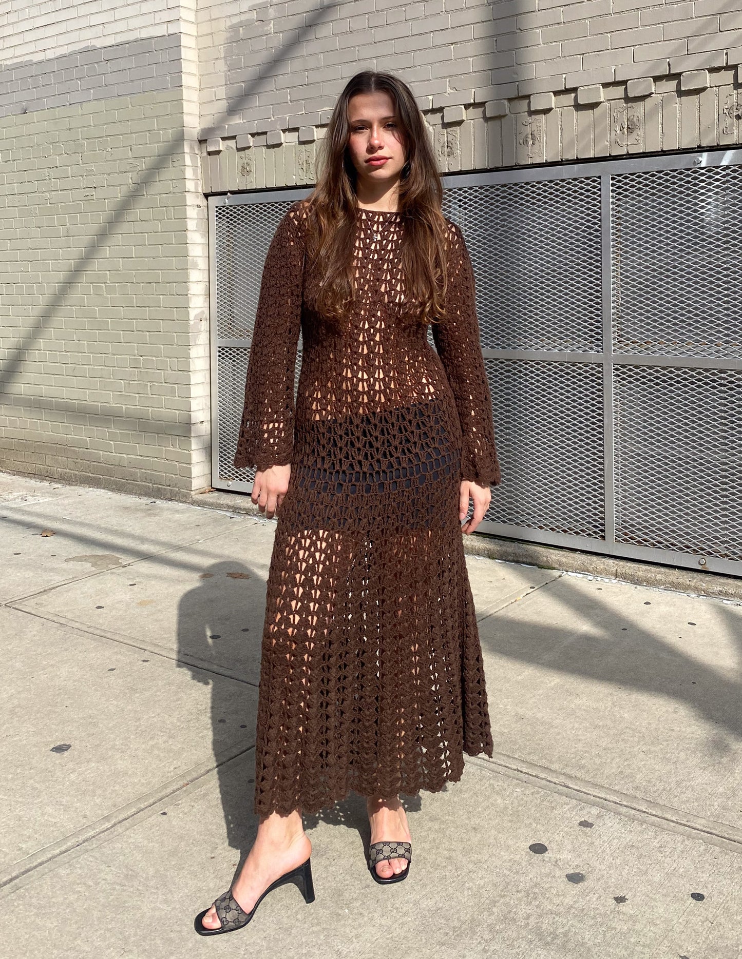 Vtg Chocolate Brown Crochet Maxi Dress