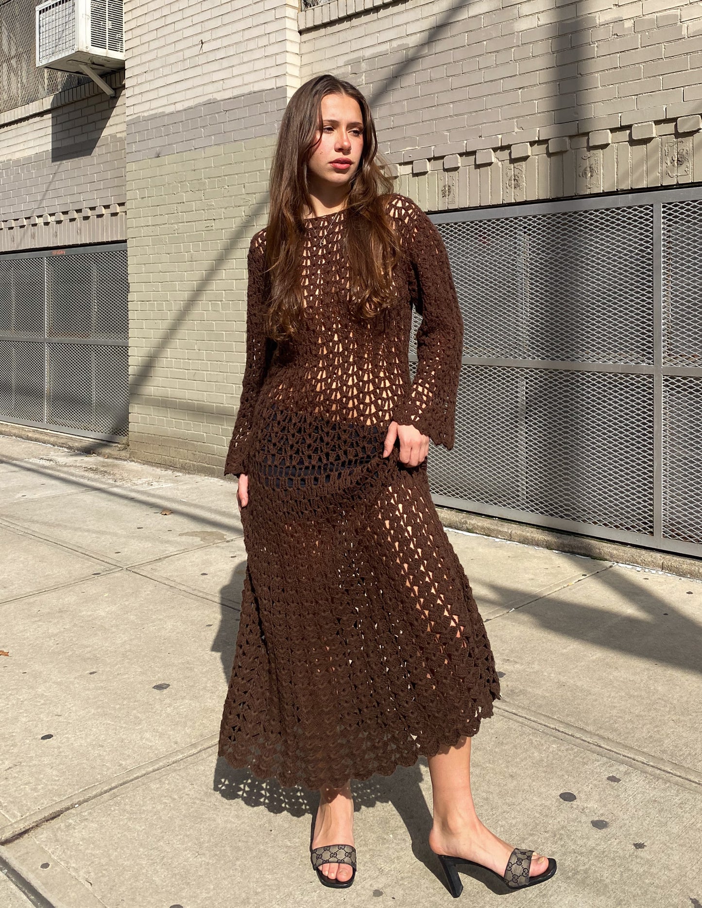 Vtg Chocolate Brown Crochet Maxi Dress