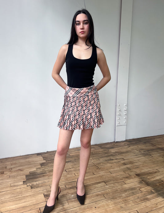 Burberry London Blue Label Pink Check Pleated Mini Skirt