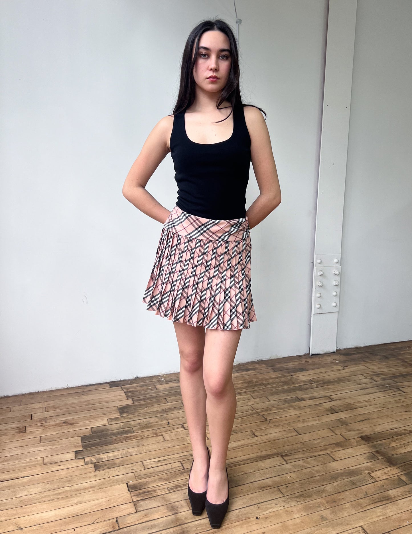 Burberry London Blue Label Pink Check Pleated Mini Skirt