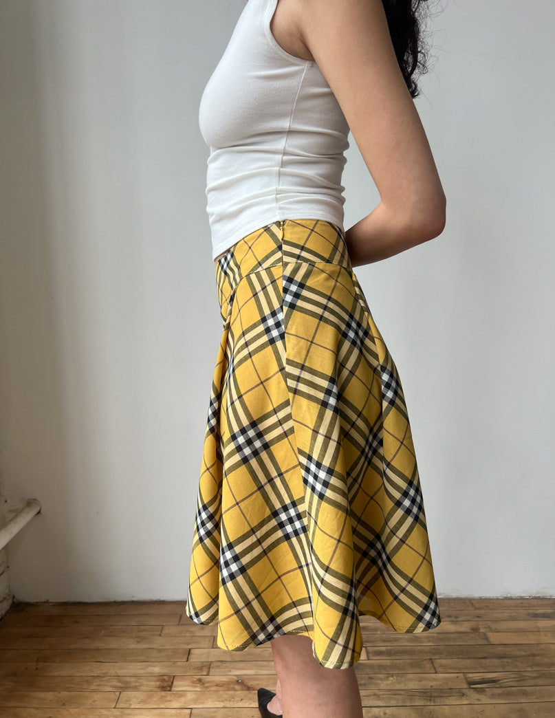 Burberry London Blue Label Yellow Check Midi Skirt