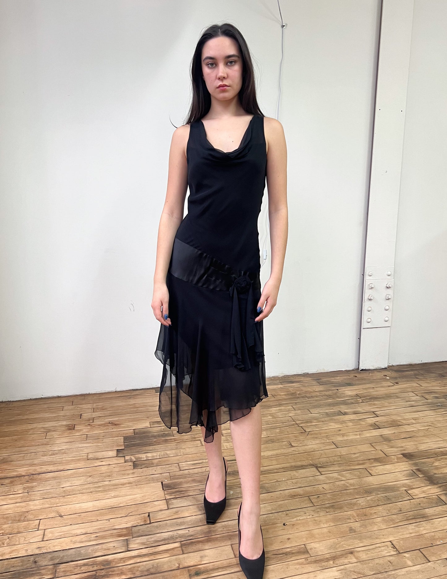 Vtg 100% Silk Asymmetrical Rosette Midi Dress