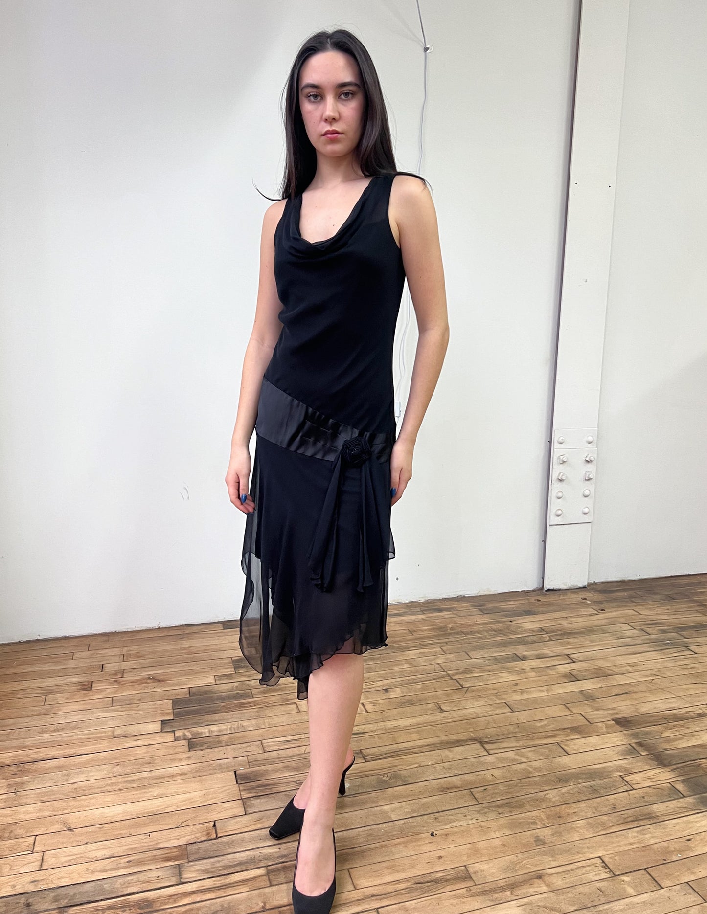 Vtg 100% Silk Asymmetrical Rosette Midi Dress