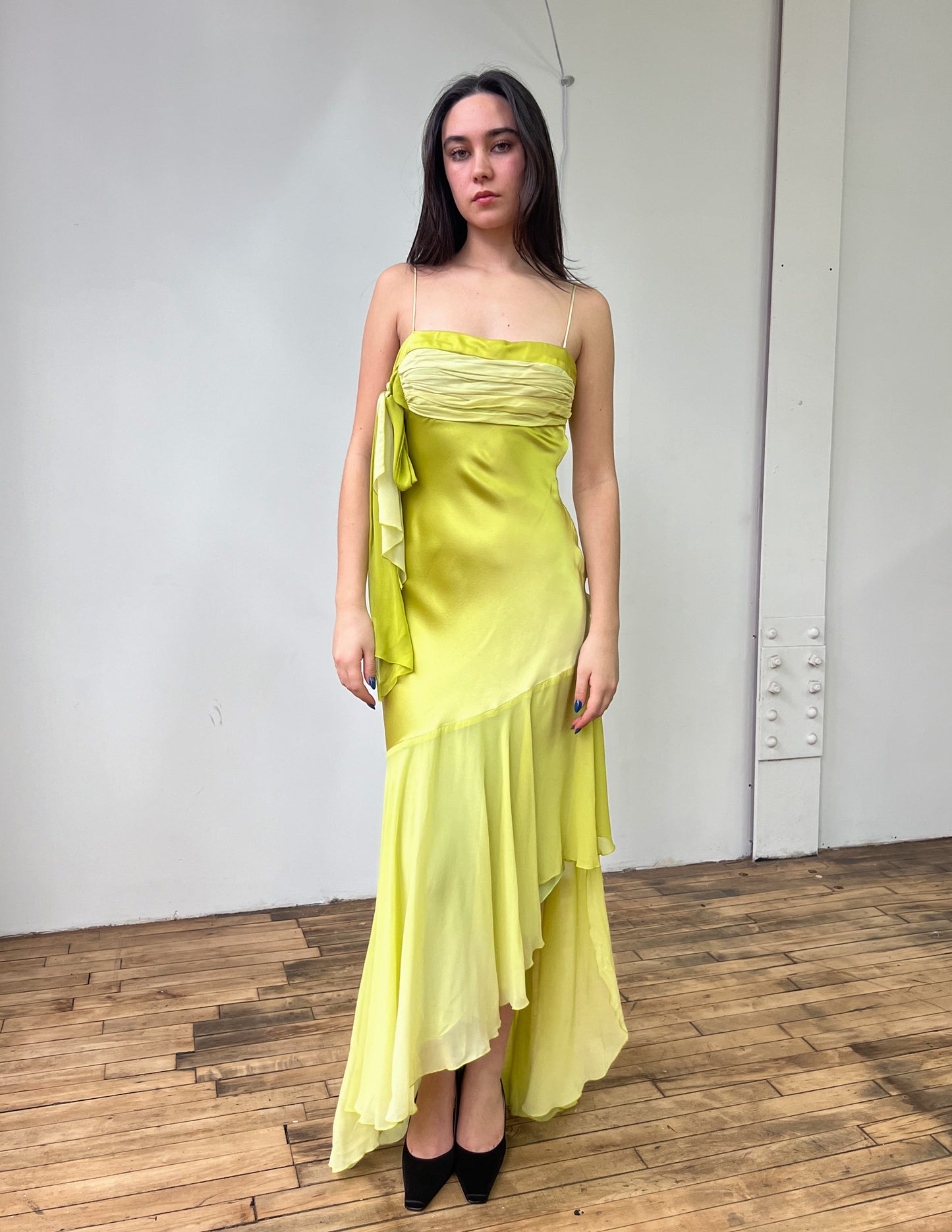 Vtg Chartreuse 100% Silk Asymmetrical Maxi