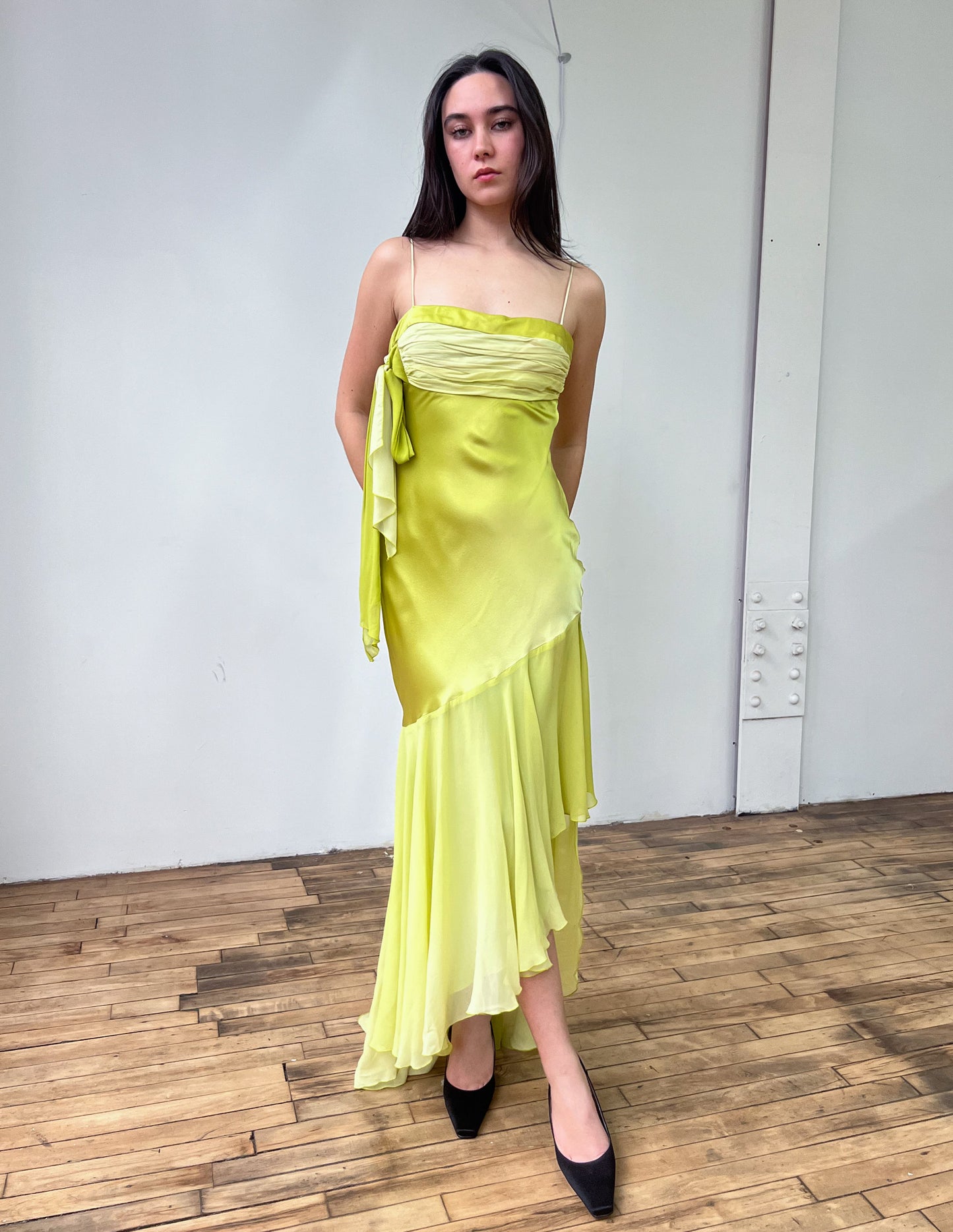 Vtg Chartreuse 100% Silk Asymmetrical Maxi