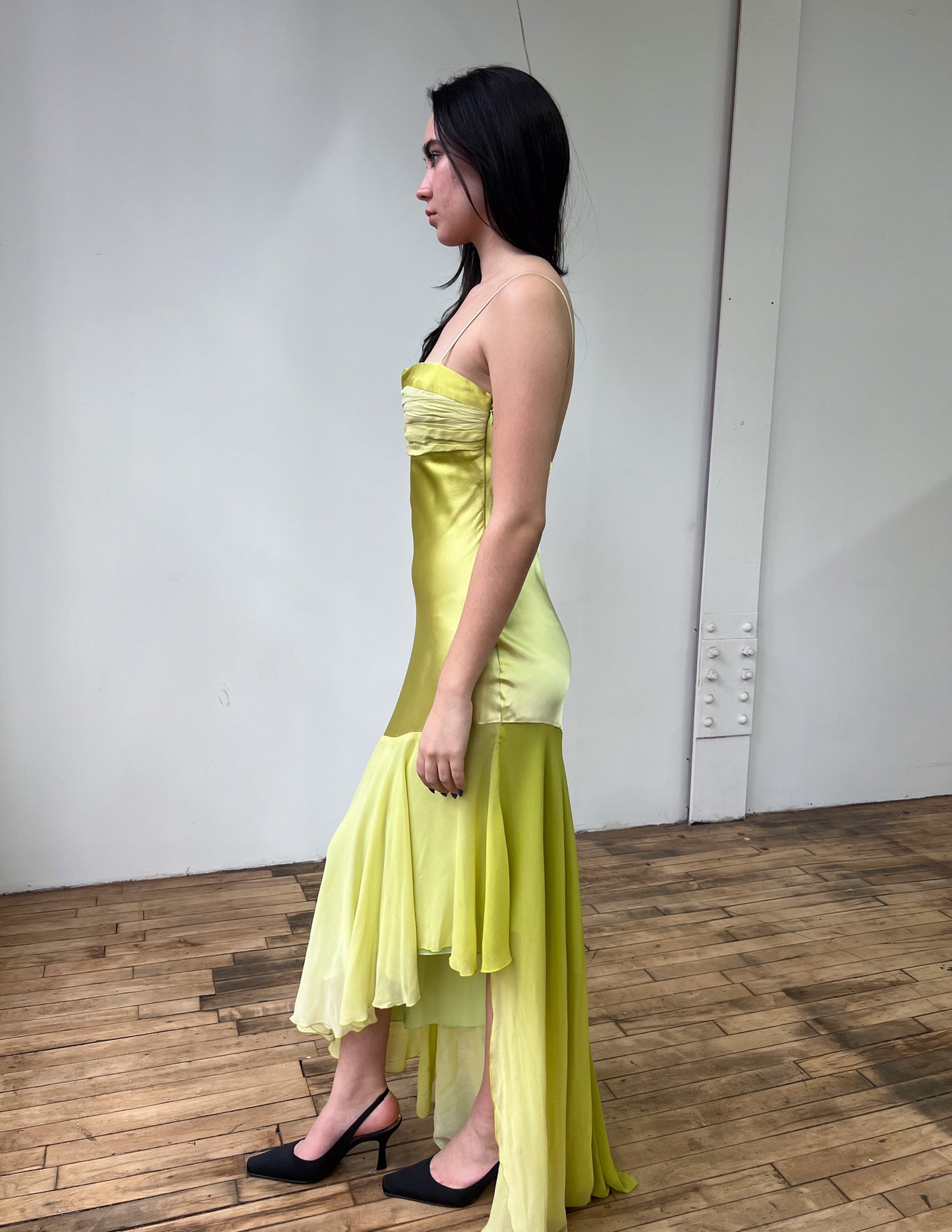 Vtg Chartreuse 100% Silk Asymmetrical Maxi