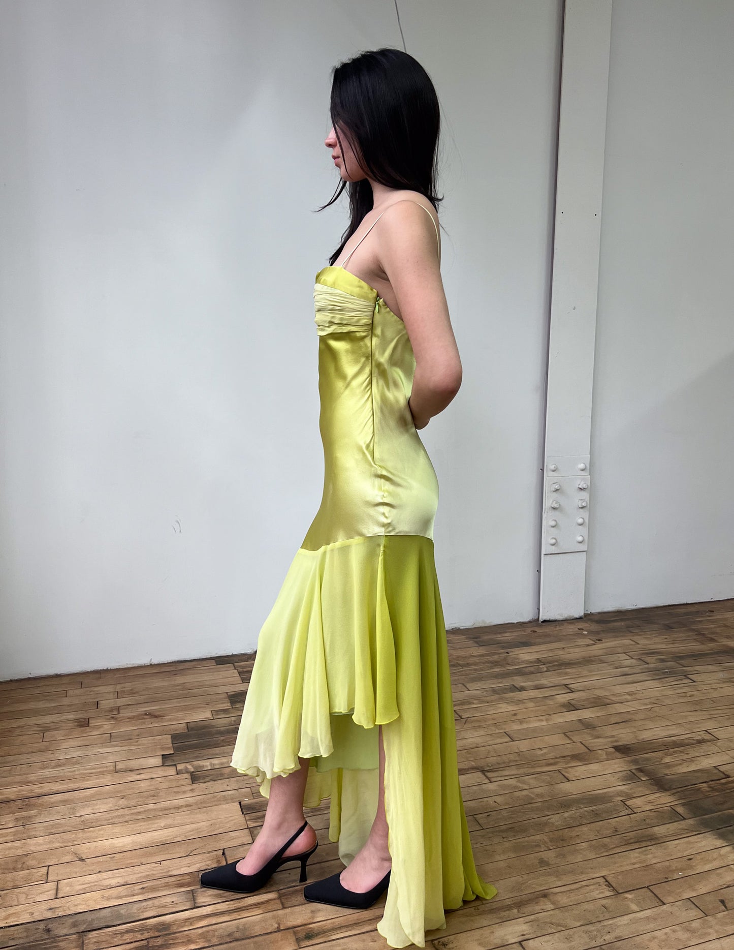 Vtg Chartreuse 100% Silk Asymmetrical Maxi