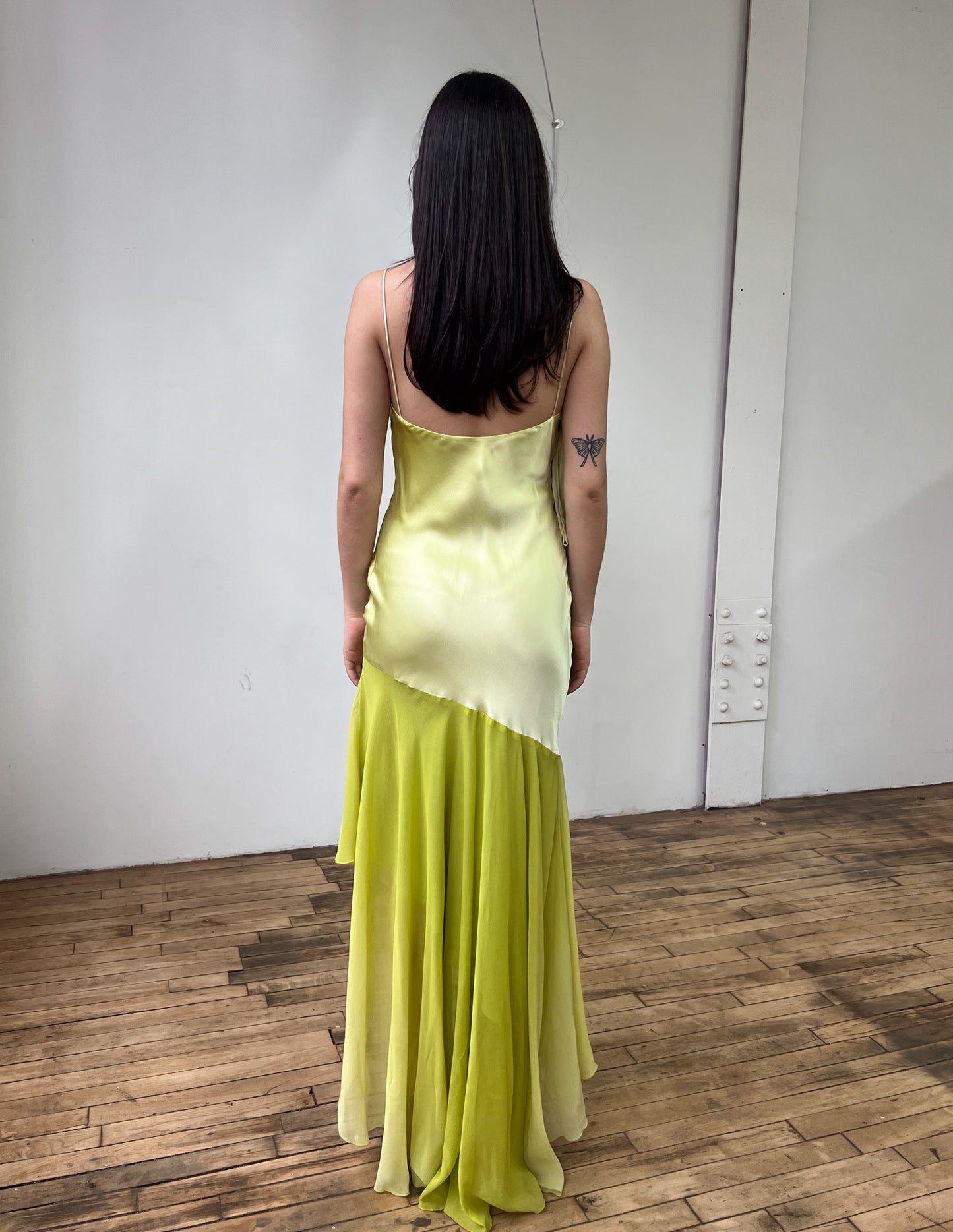 Vtg Chartreuse 100% Silk Asymmetrical Maxi