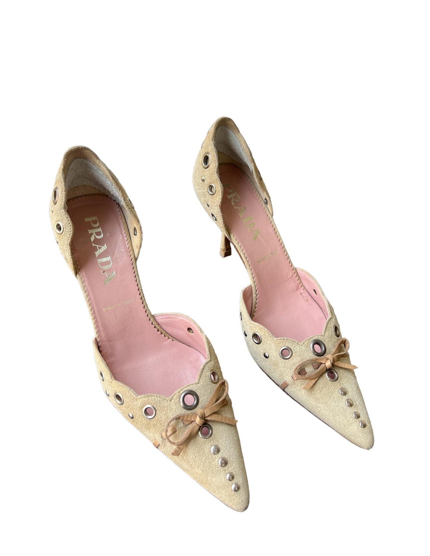 Prada Tan Suede Eyelet Pointed Toe Kitten Heels