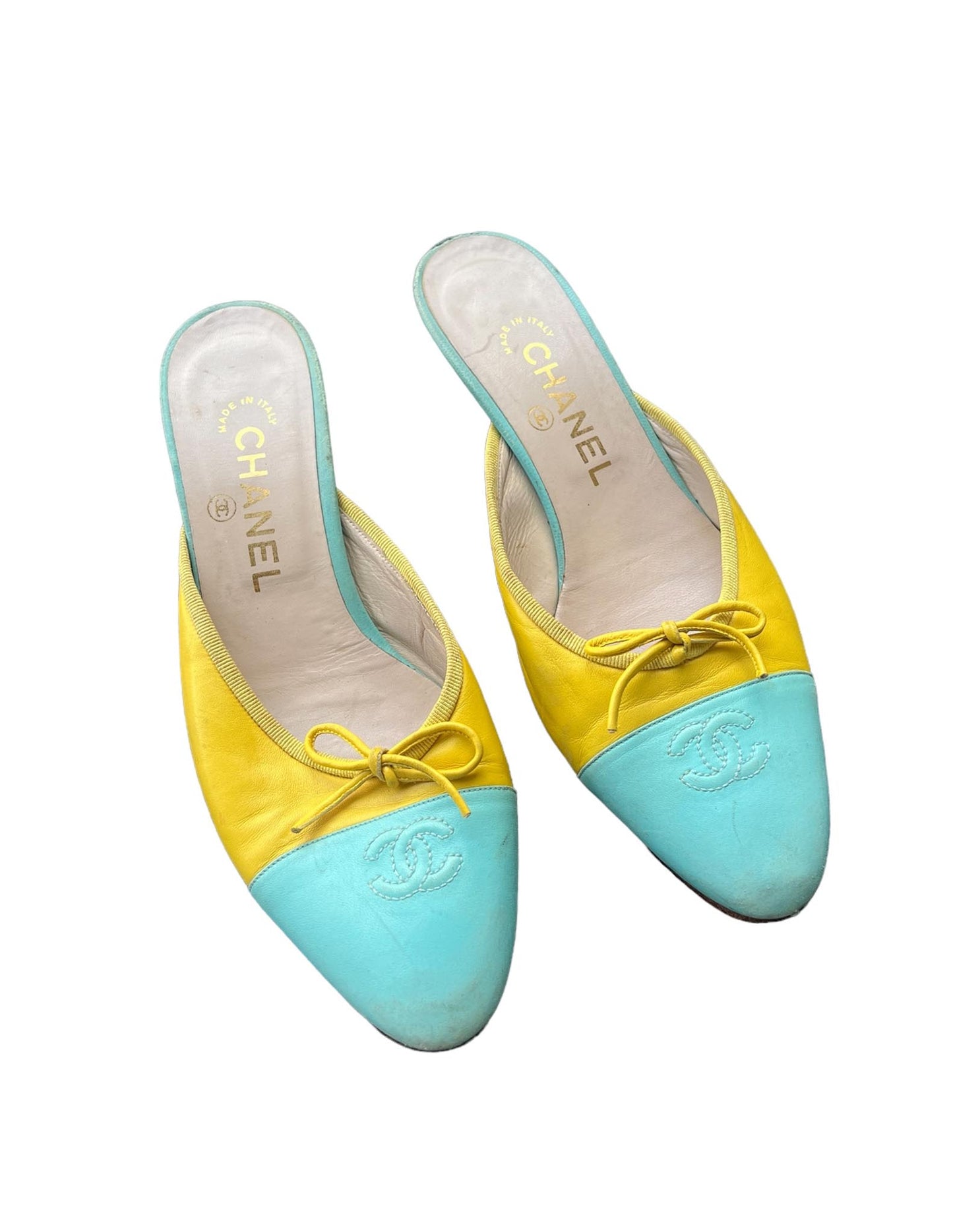 Most Rare Chanel Color Way Yellow & Teal Leather Color Block Kitten Heels