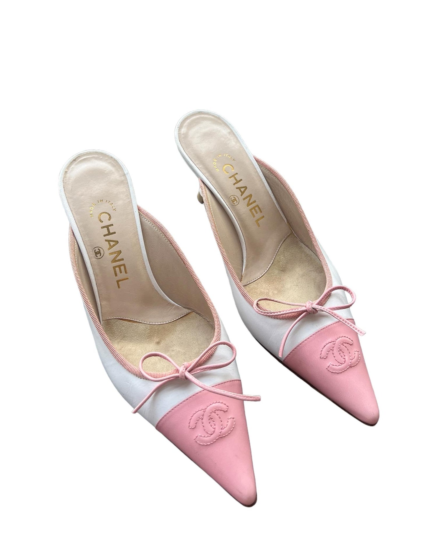 Chanel Leather Pink & White Color Block Kitten Heels