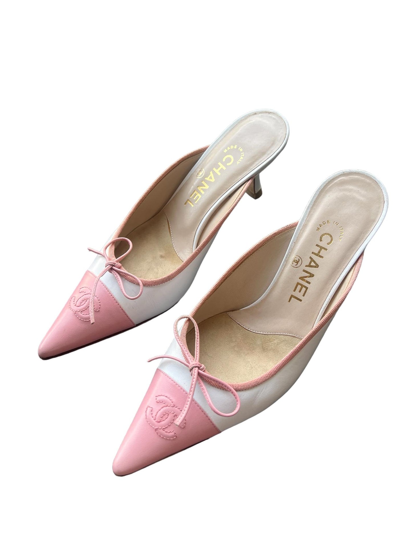 Chanel Leather Pink & White Color Block Kitten Heels