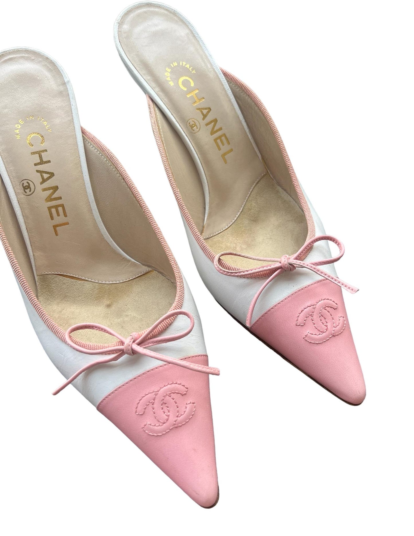 Chanel Leather Pink & White Color Block Kitten Heels