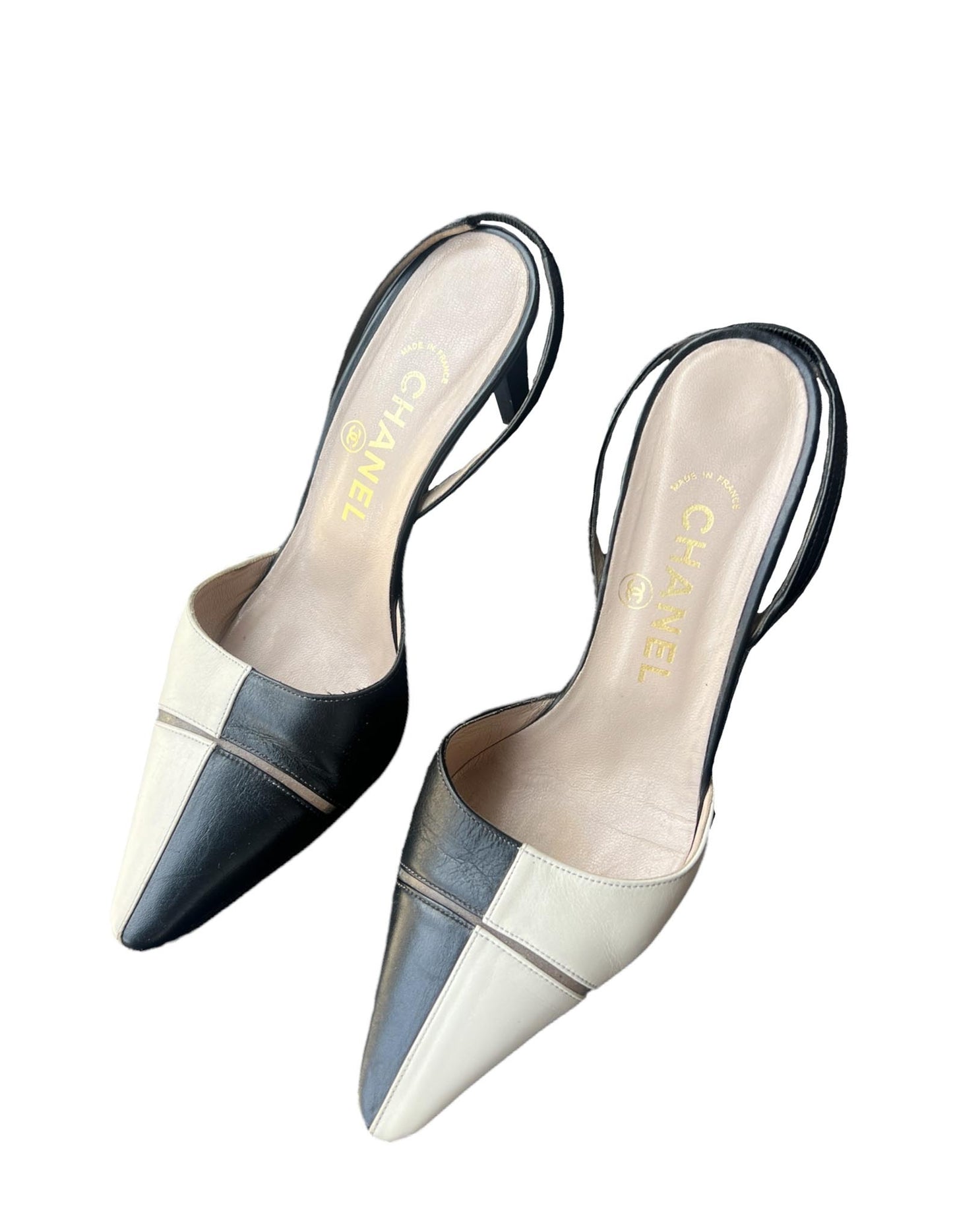 Chanel Black & White Color Block Sling Back Kitten Heels