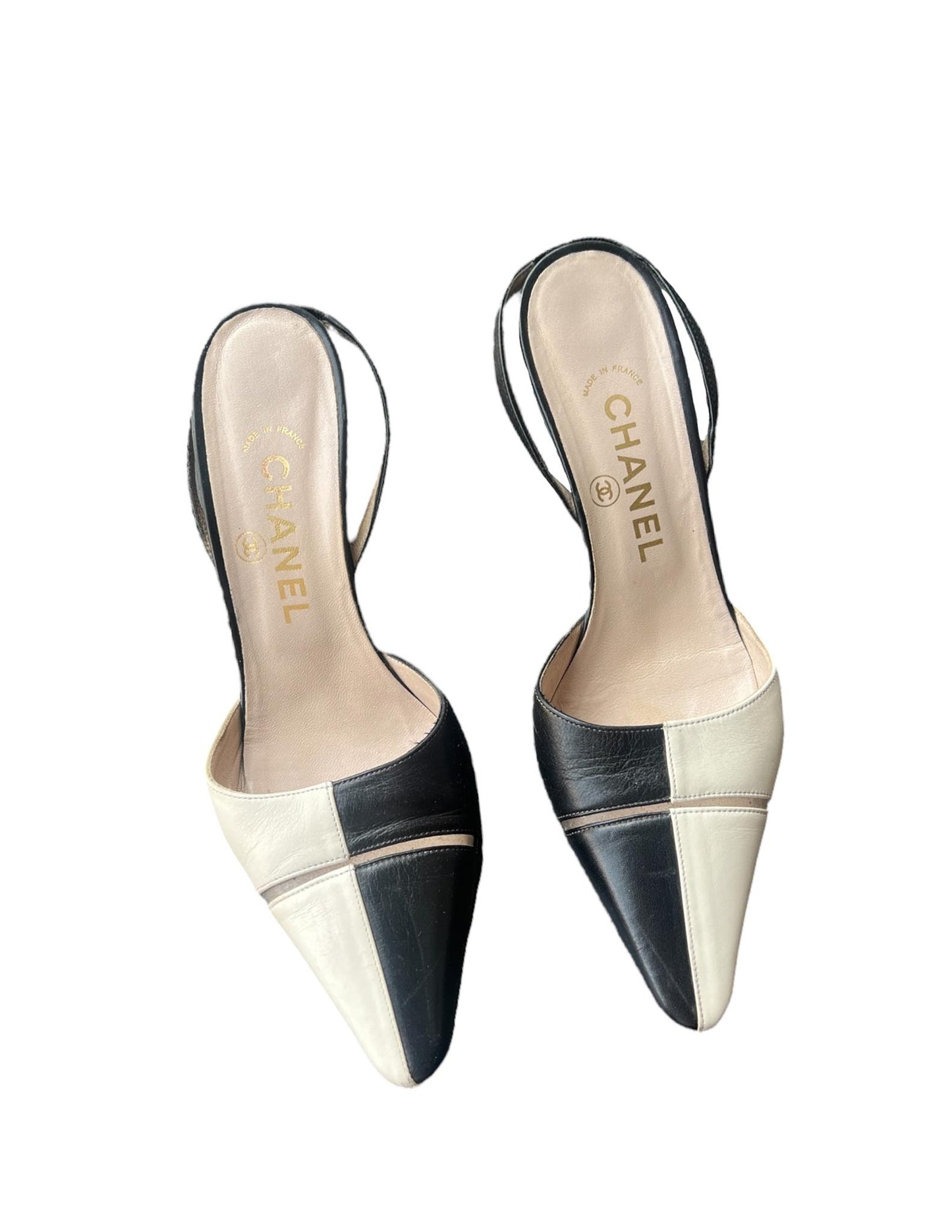 Chanel Black & White Color Block Sling Back Kitten Heels