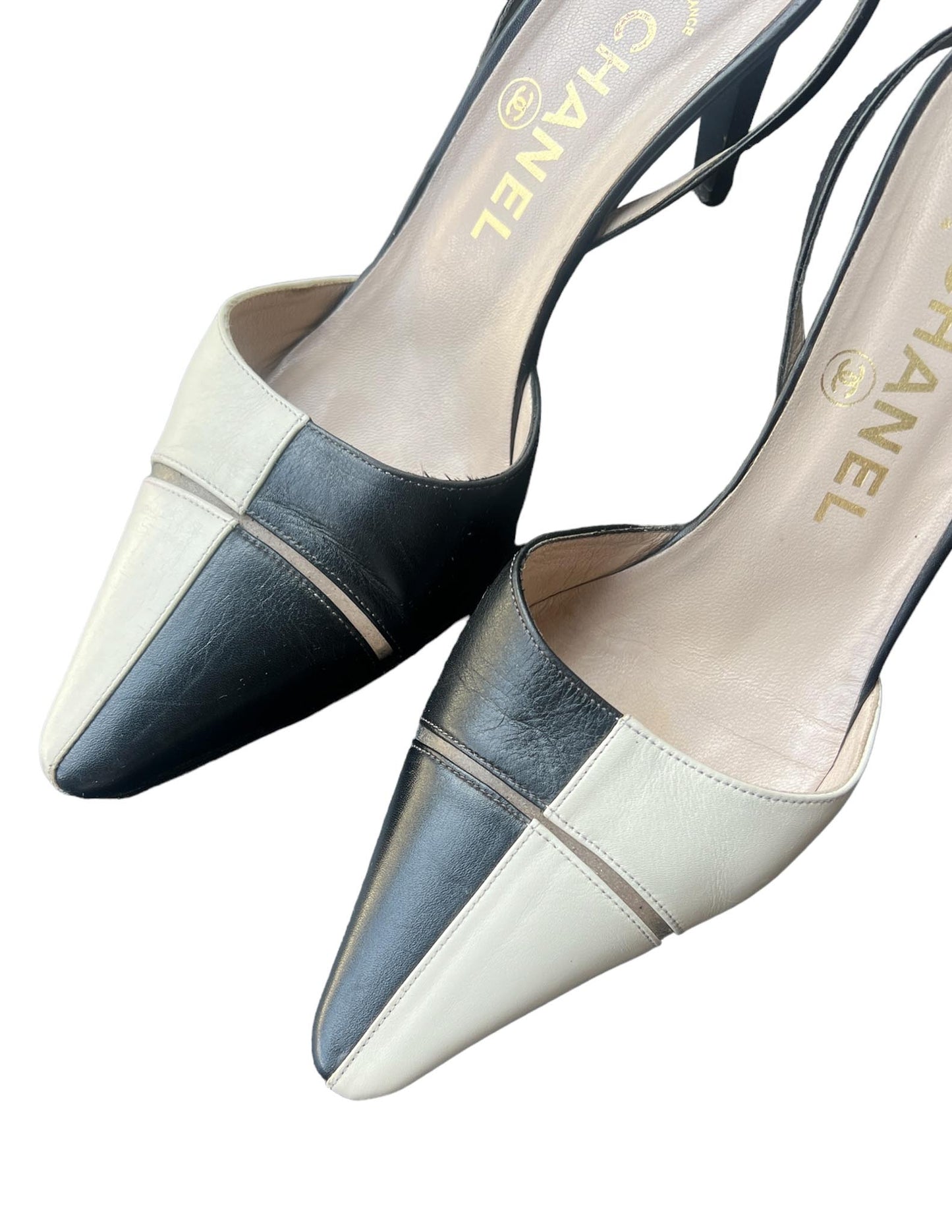 Chanel Black & White Color Block Sling Back Kitten Heels